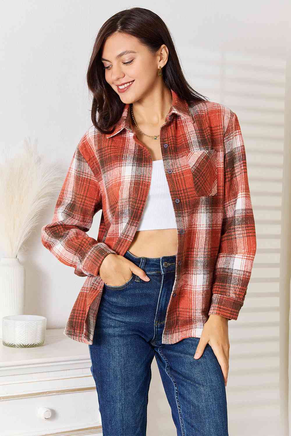 Double Take Plaid Collared Neck Long Sleeve Shirt - Shirt - Ochre - Bella Bourget