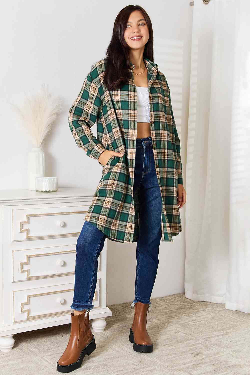 Double Take Plaid Collared Neck Long Sleeve Shirt - Shirt - Green - Bella Bourget