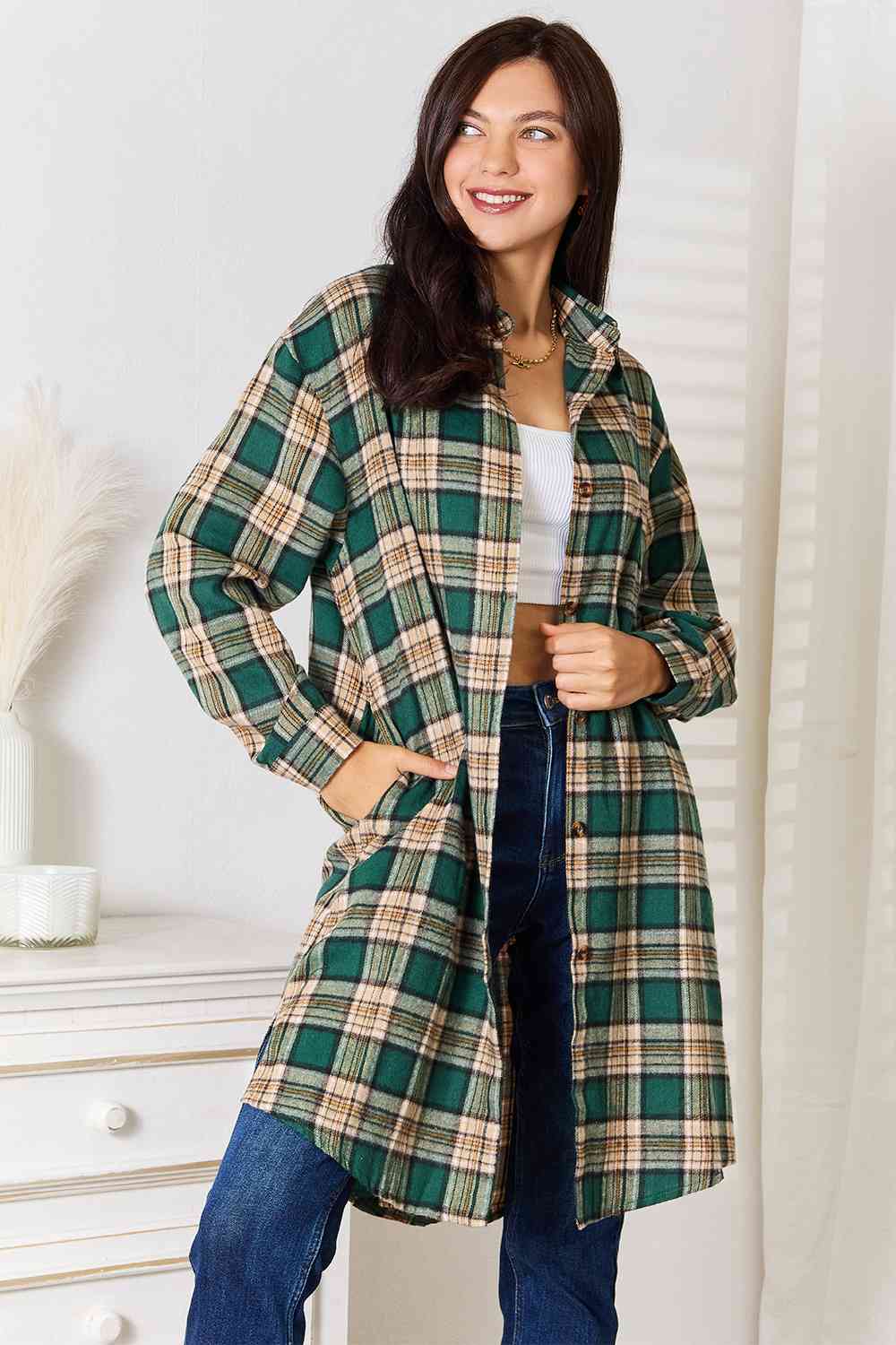 Double Take Plaid Collared Neck Long Sleeve Shirt - Shirt - Green - Bella Bourget