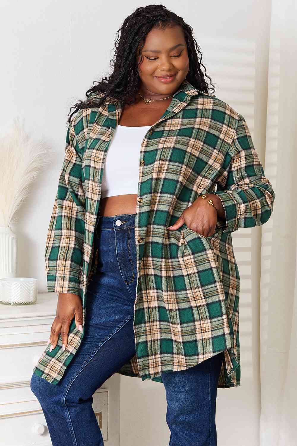 Double Take Plaid Collared Neck Long Sleeve Shirt - Shirt - Green - Bella Bourget