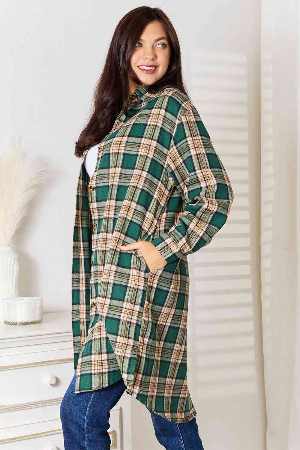 Double Take Plaid Collared Neck Long Sleeve Shirt - Shirt - Green - Bella Bourget