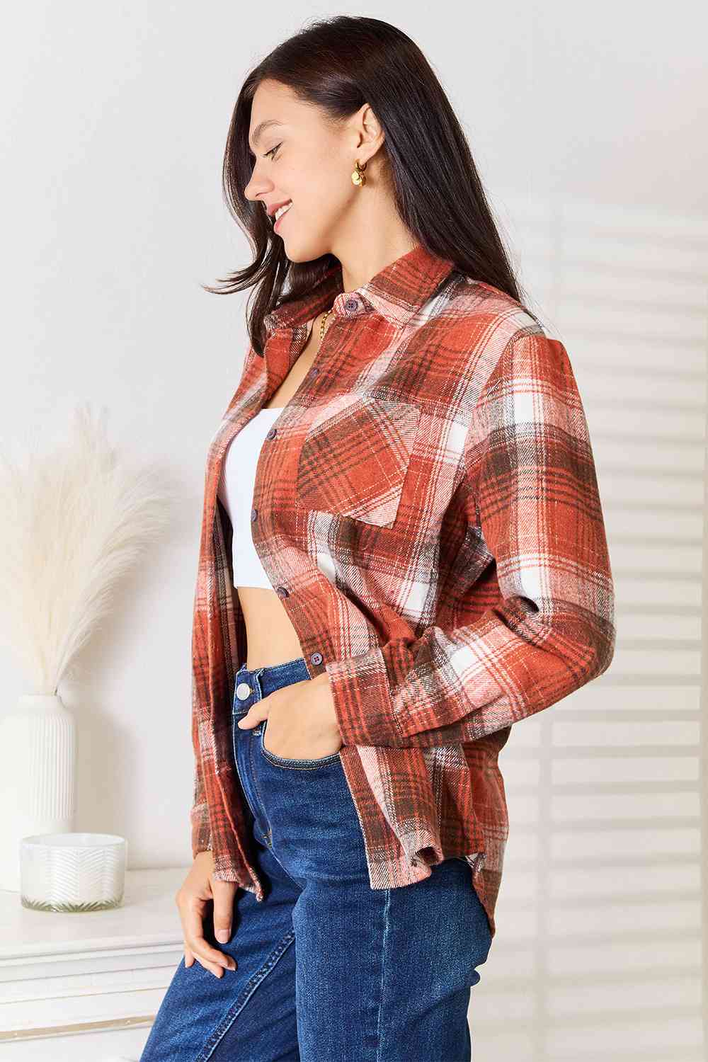 Double Take Plaid Collared Neck Long Sleeve Shirt - Shirt - Ochre - Bella Bourget