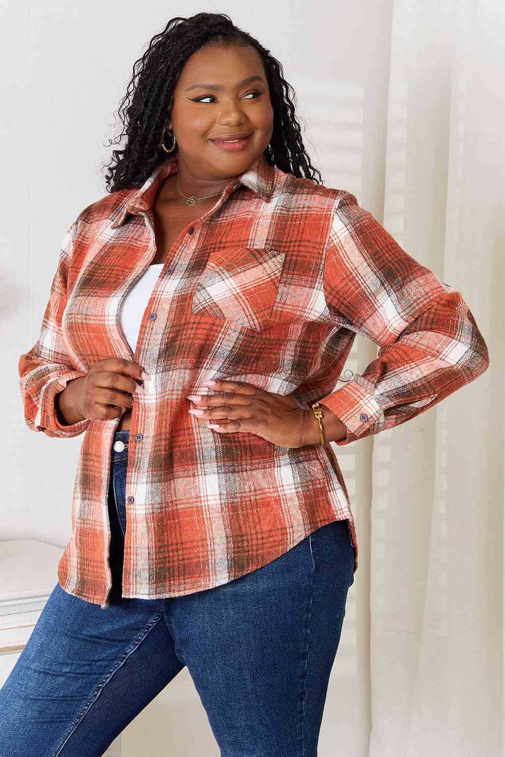 Double Take Plaid Collared Neck Long Sleeve Shirt - Shirt - Ochre - Bella Bourget