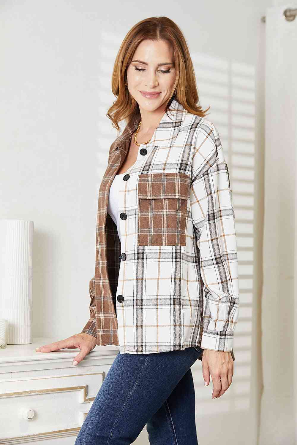 Double Take Plaid Contrast Button Up Shirt Jacket - Jacket - Plaid - Bella Bourget