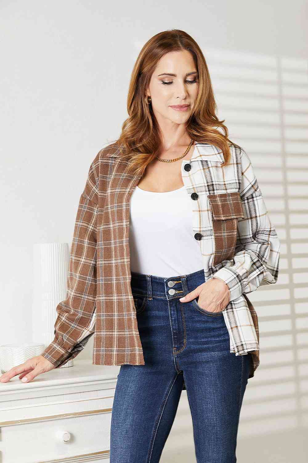 Double Take Plaid Contrast Button Up Shirt Jacket - Jacket - Plaid - Bella Bourget