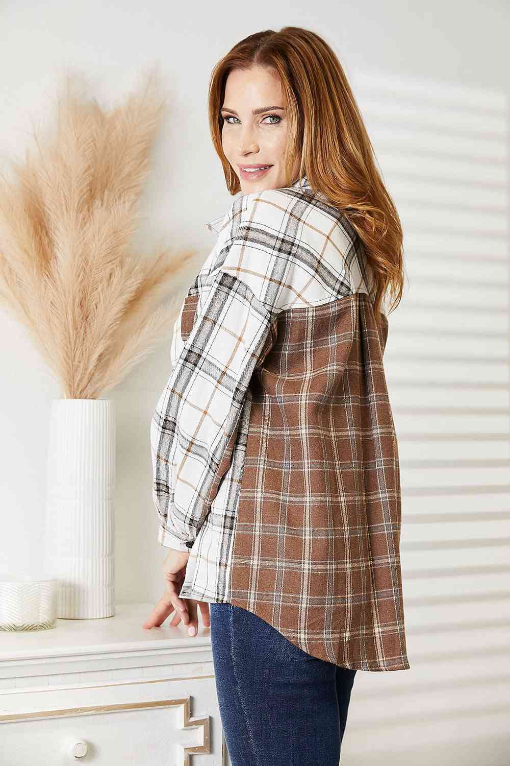 Double Take Plaid Contrast Button Up Shirt Jacket - Jacket - Plaid - Bella Bourget