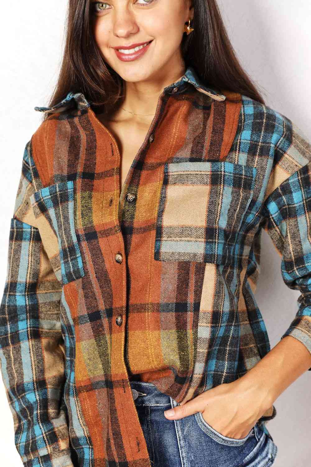 Double Take Plaid Curved Hem Shirt Jacket with Breast Pockets - Jacket - Plaid - Bella Bourget