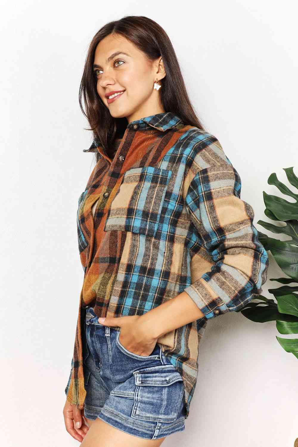 Double Take Plaid Curved Hem Shirt Jacket with Breast Pockets - Jacket - Plaid - Bella Bourget