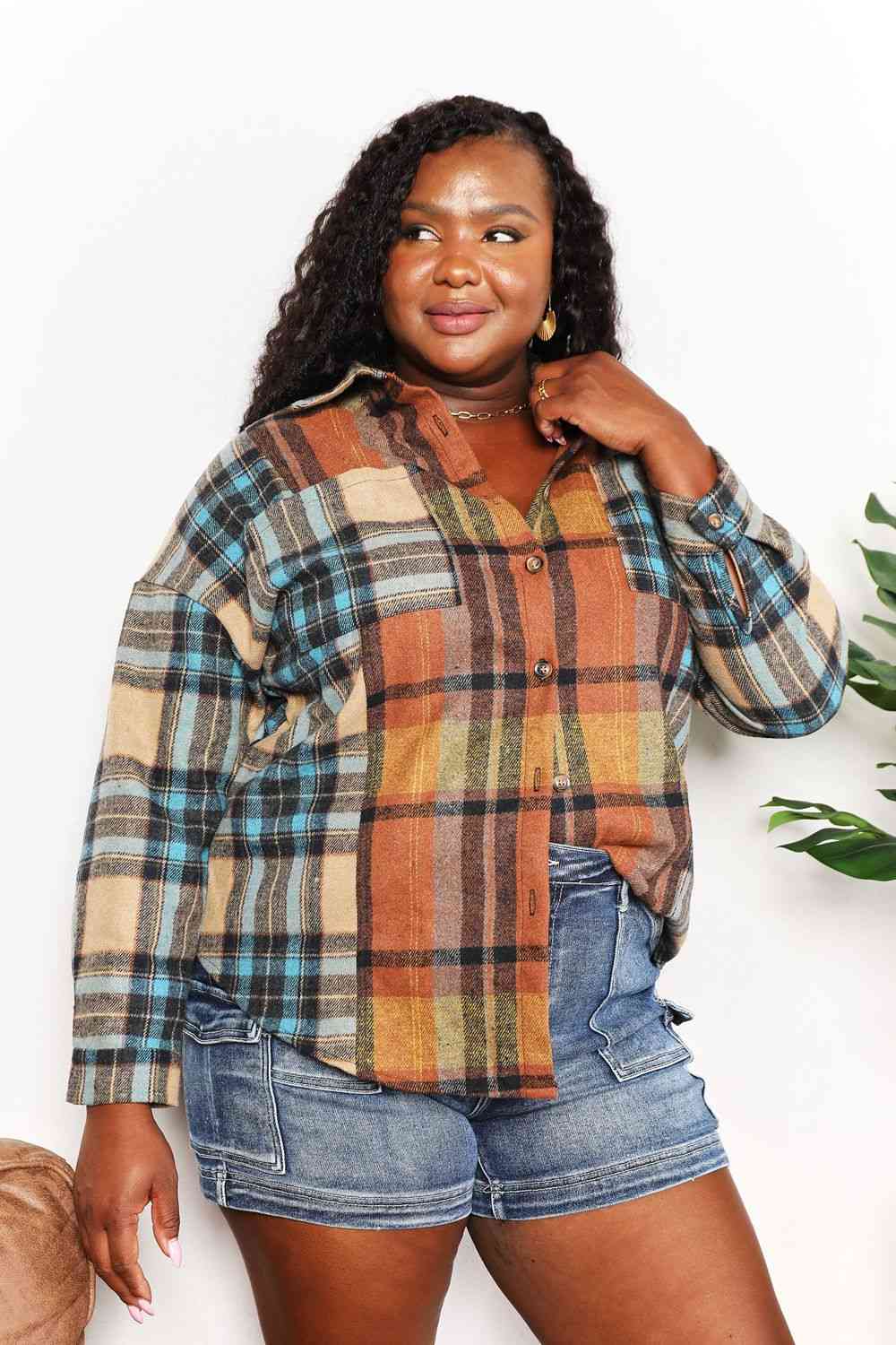 Double Take Plaid Curved Hem Shirt Jacket with Breast Pockets - Jacket - Plaid - Bella Bourget