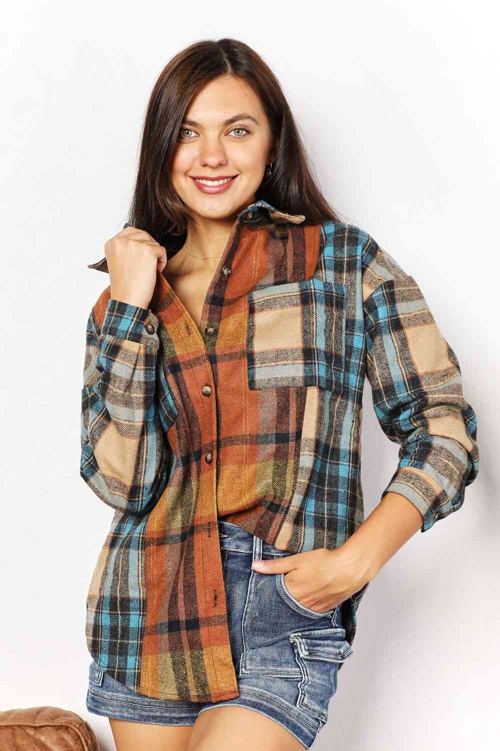 Double Take Plaid Curved Hem Shirt Jacket with Breast Pockets - Jacket - Plaid - Bella Bourget