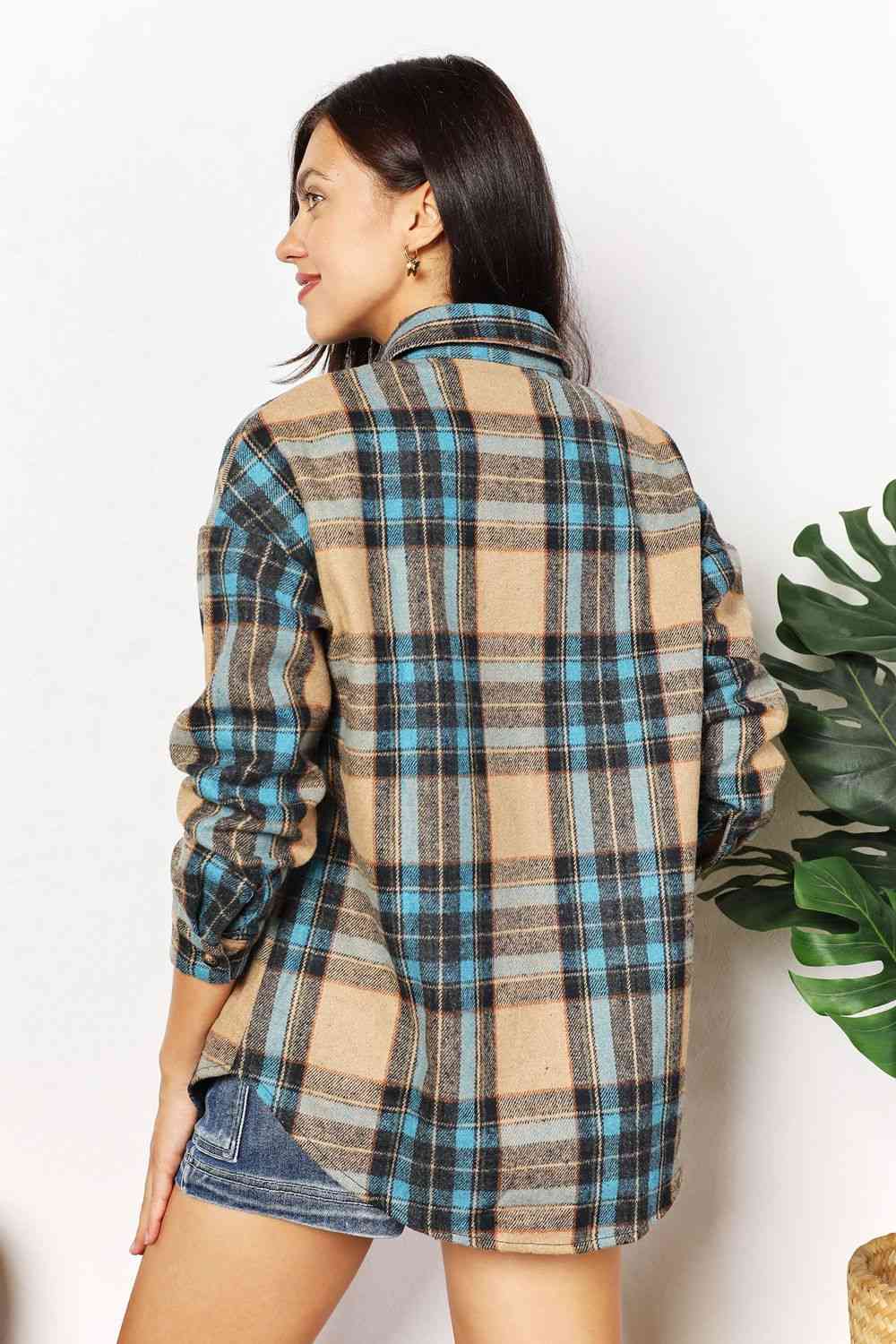 Double Take Plaid Curved Hem Shirt Jacket with Breast Pockets - Jacket - Plaid - Bella Bourget