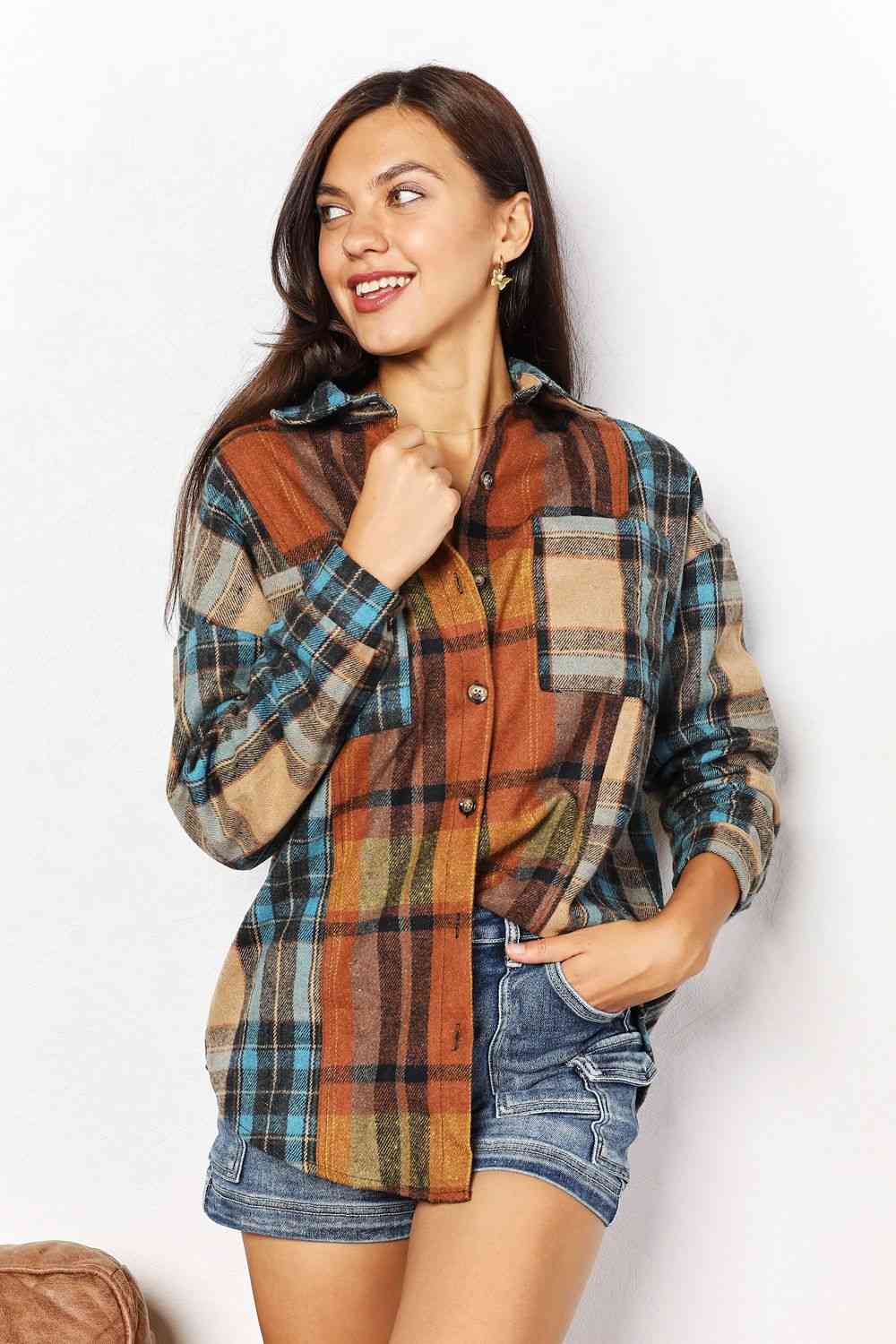 Double Take Plaid Curved Hem Shirt Jacket with Breast Pockets - Jacket - Plaid - Bella Bourget