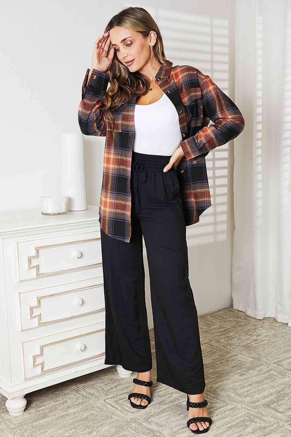 Double Take Plaid Dropped Shoulder Shirt - Shirt - Khaki/Black - Bella Bourget