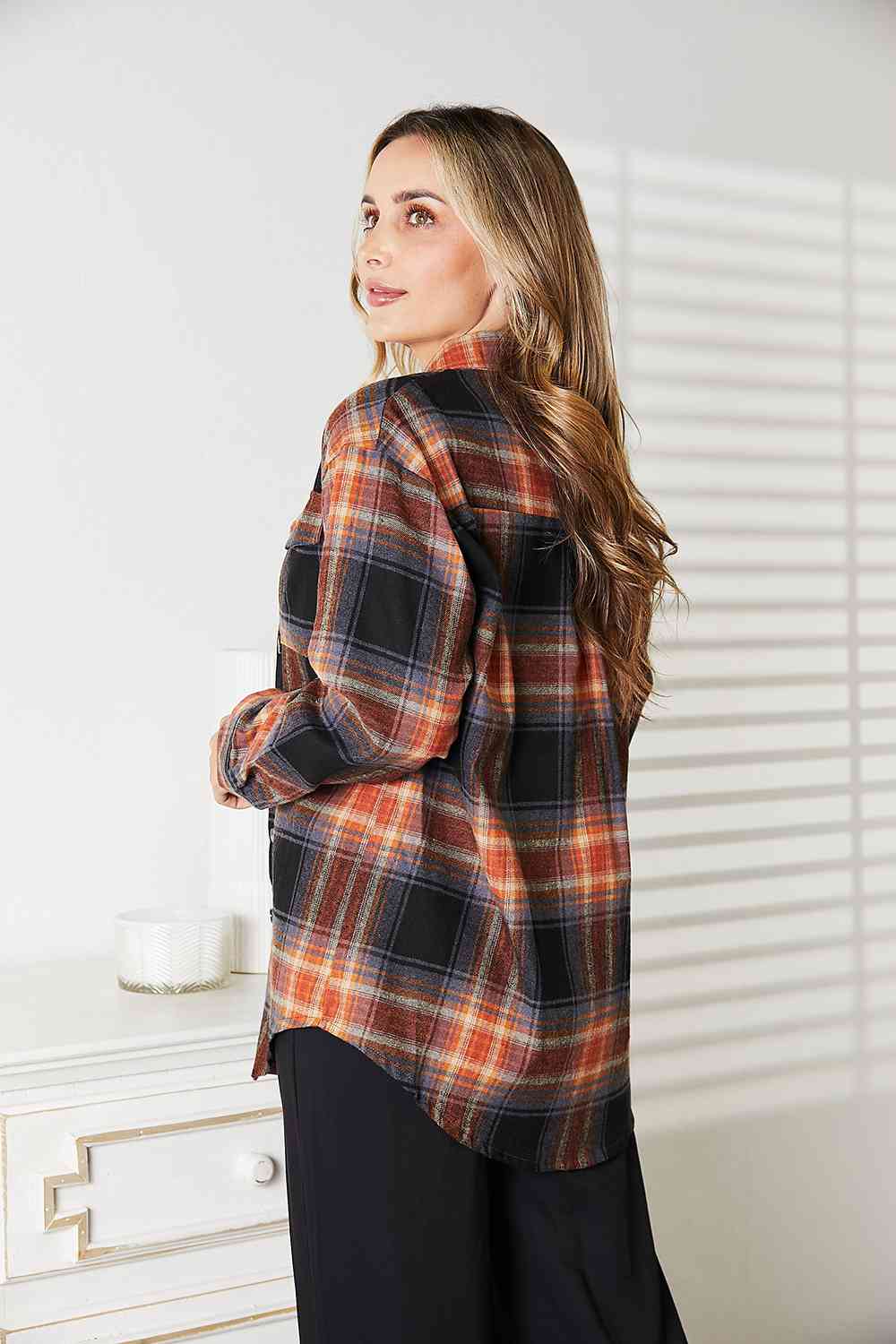 Double Take Plaid Dropped Shoulder Shirt - Shirt - Khaki/Black - Bella Bourget