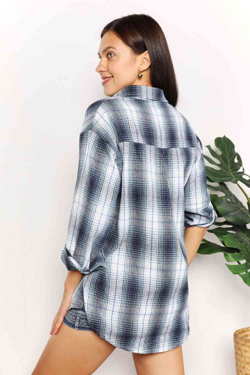 Double Take Plaid Dropped Shoulder Shirt - Shirt - Sky Blue - Bella Bourget