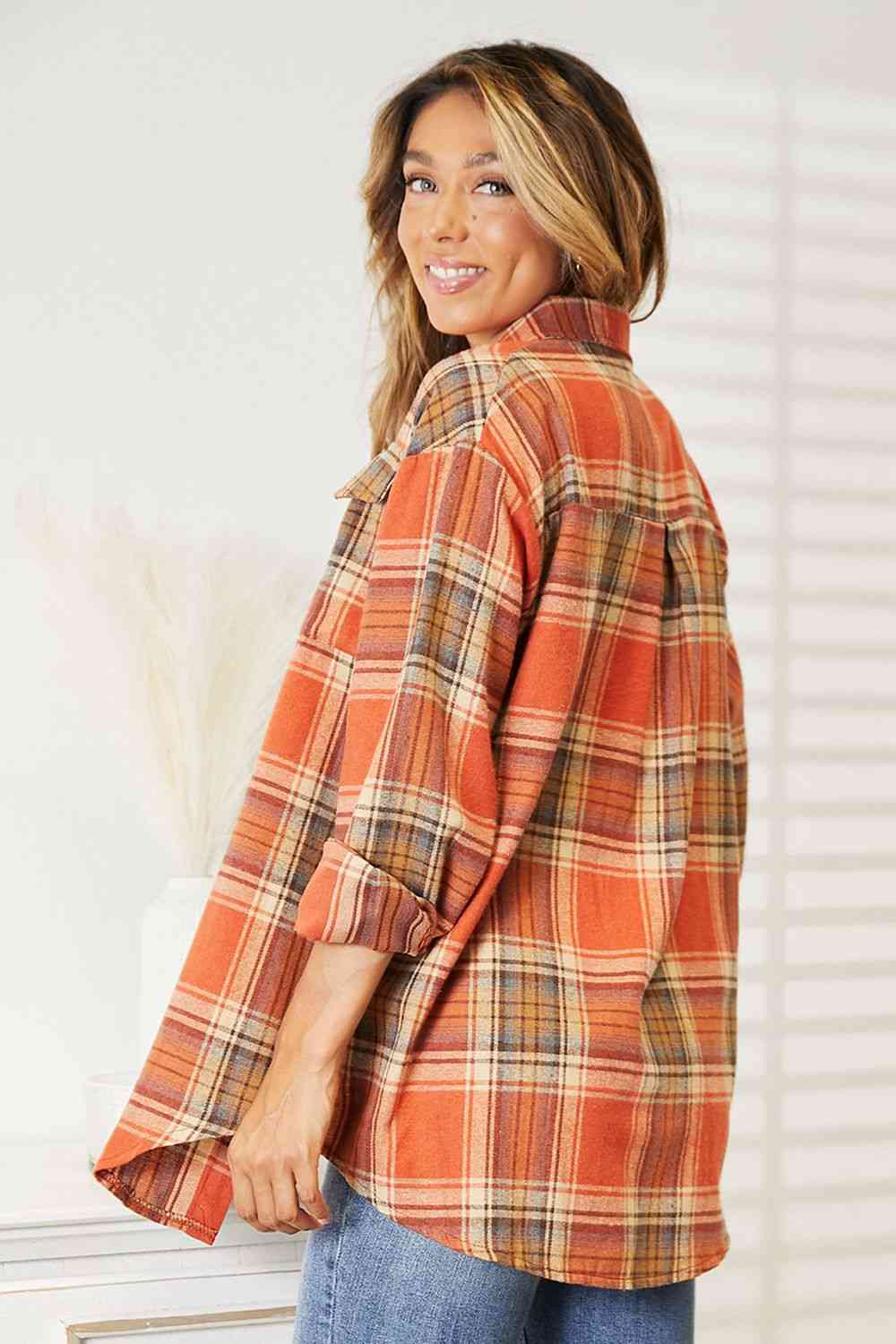 Double Take Plaid Dropped Shoulder Shirt - Shirt - Ochre - Bella Bourget