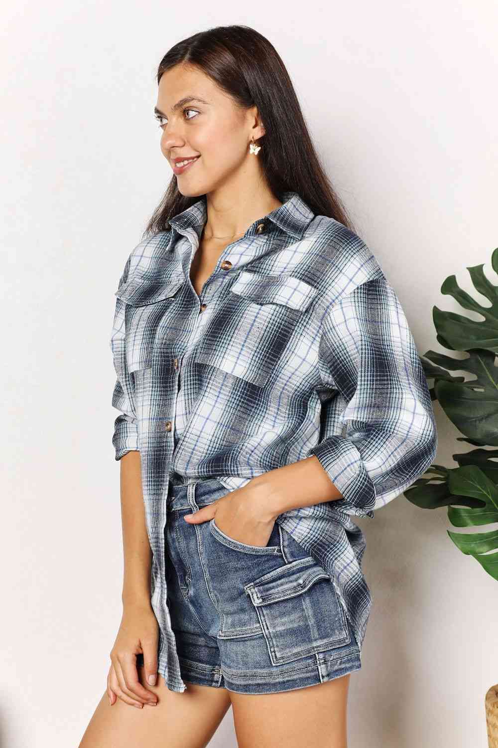 Double Take Plaid Dropped Shoulder Shirt - Shirt - Sky Blue - Bella Bourget