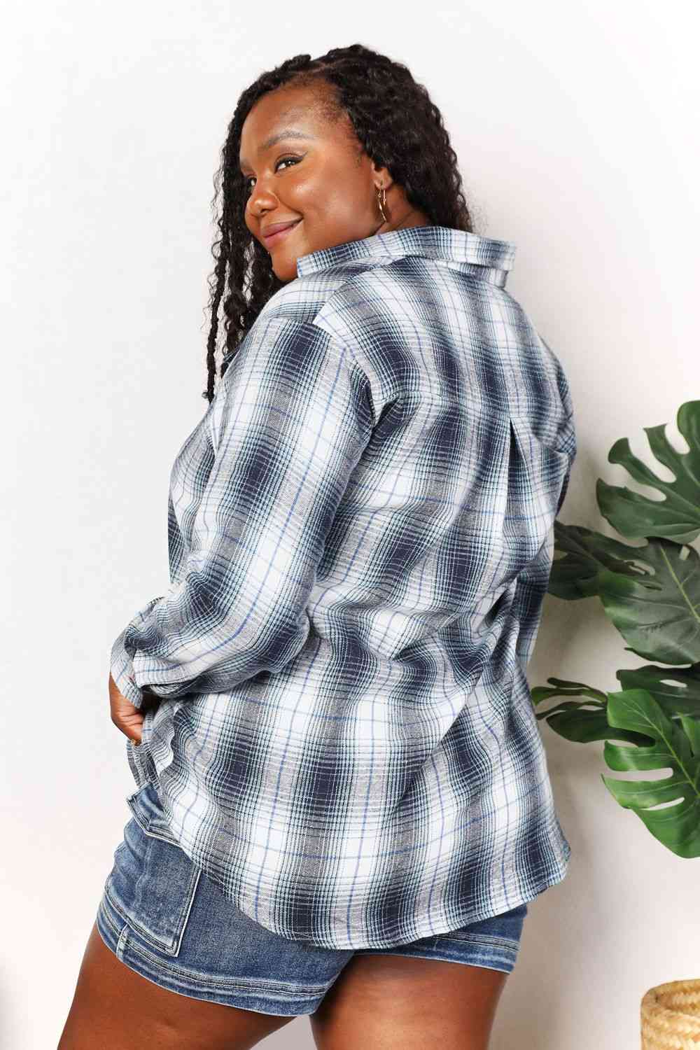 Double Take Plaid Dropped Shoulder Shirt - Shirt - Sky Blue - Bella Bourget