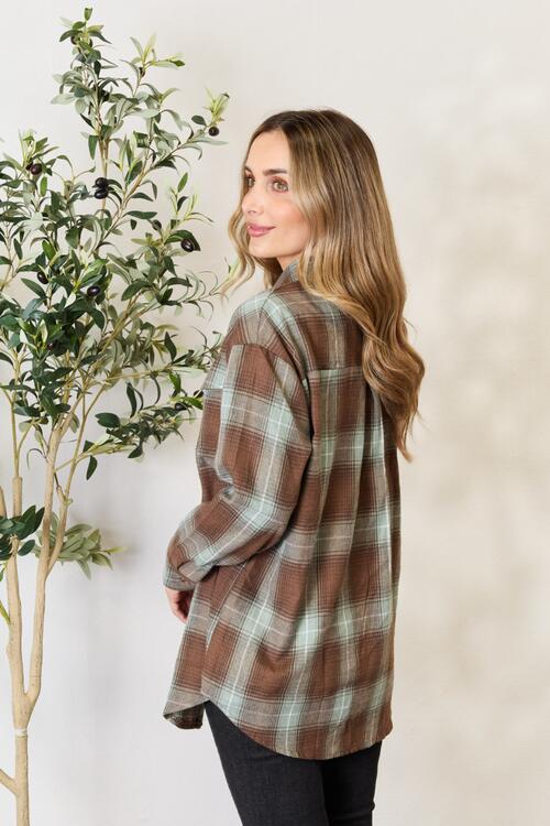 Double Take Plaid Dropped Shoulder Shirt - Plaid Shirt - Olive Brown - Bella Bourget