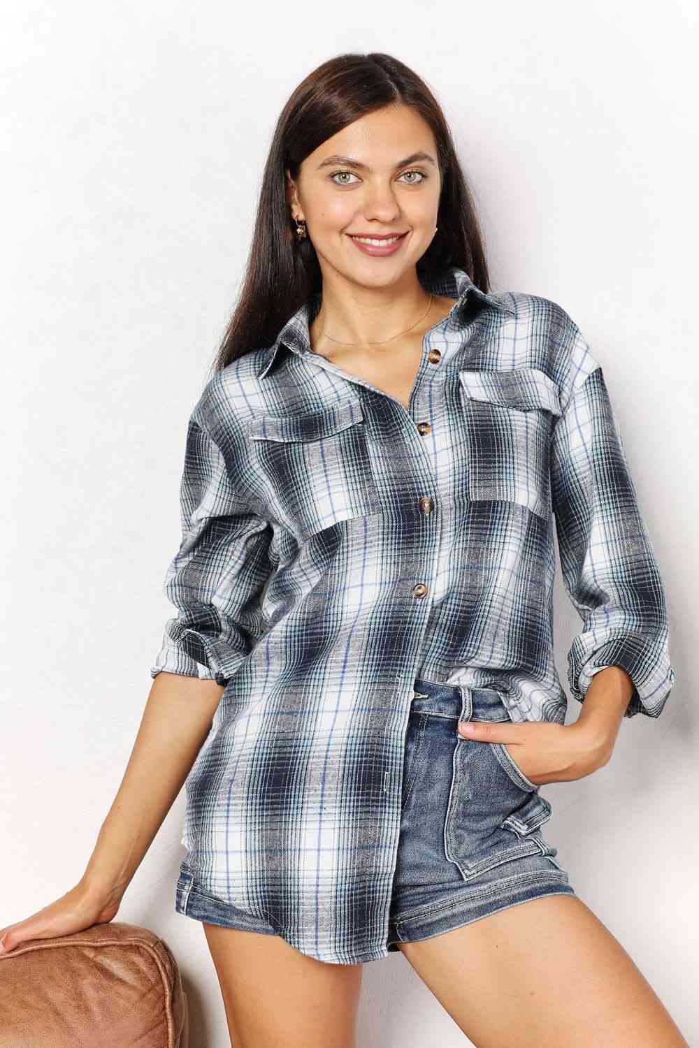 Double Take Plaid Dropped Shoulder Shirt - Shirt - Sky Blue - Bella Bourget