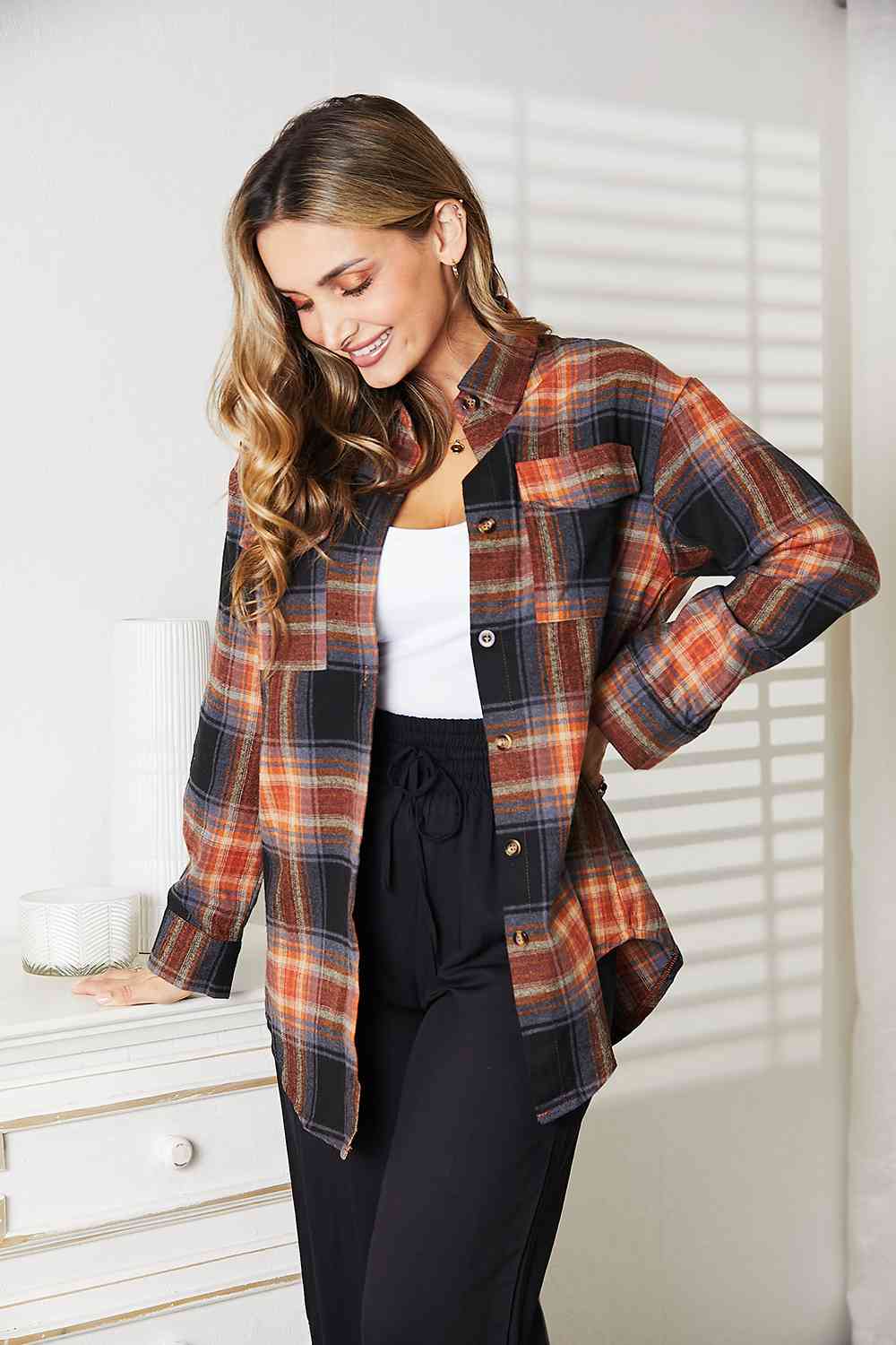 Double Take Plaid Dropped Shoulder Shirt - Shirt - Khaki/Black - Bella Bourget