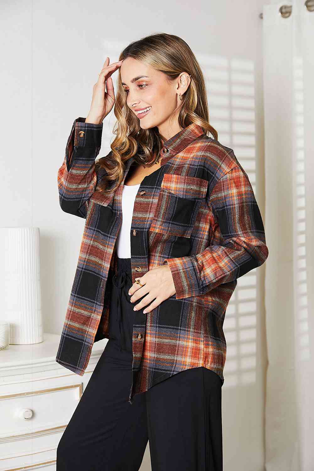 Double Take Plaid Dropped Shoulder Shirt - Shirt - Khaki/Black - Bella Bourget