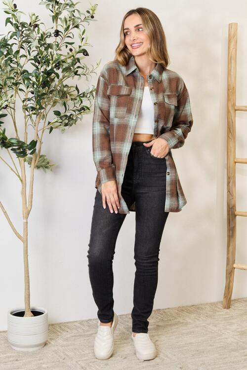 Double Take Plaid Dropped Shoulder Shirt - Plaid Shirt - Olive Brown - Bella Bourget