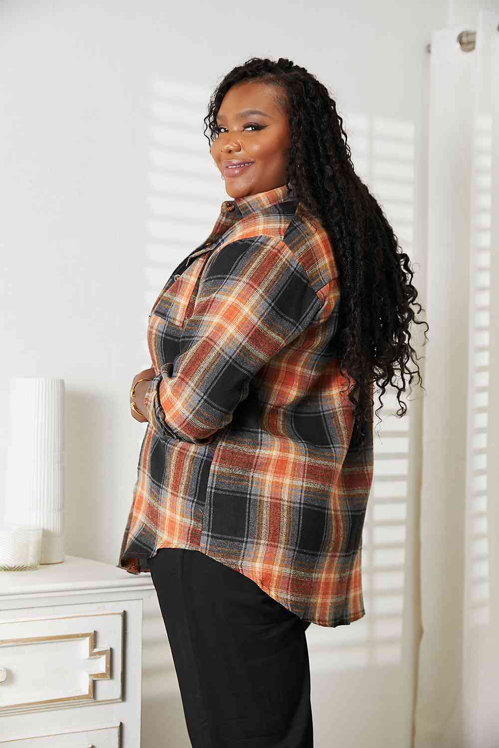 Double Take Plaid Dropped Shoulder Shirt - Shirt - Khaki/Black - Bella Bourget