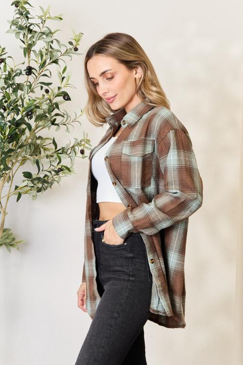 Double Take Plaid Dropped Shoulder Shirt - Plaid Shirt - Olive Brown - Bella Bourget