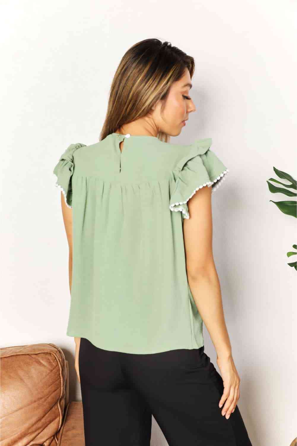 Double Take Pleated Detail Flutter Sleeve Blouse - Blouse - Gum Leaf - Bella Bourget