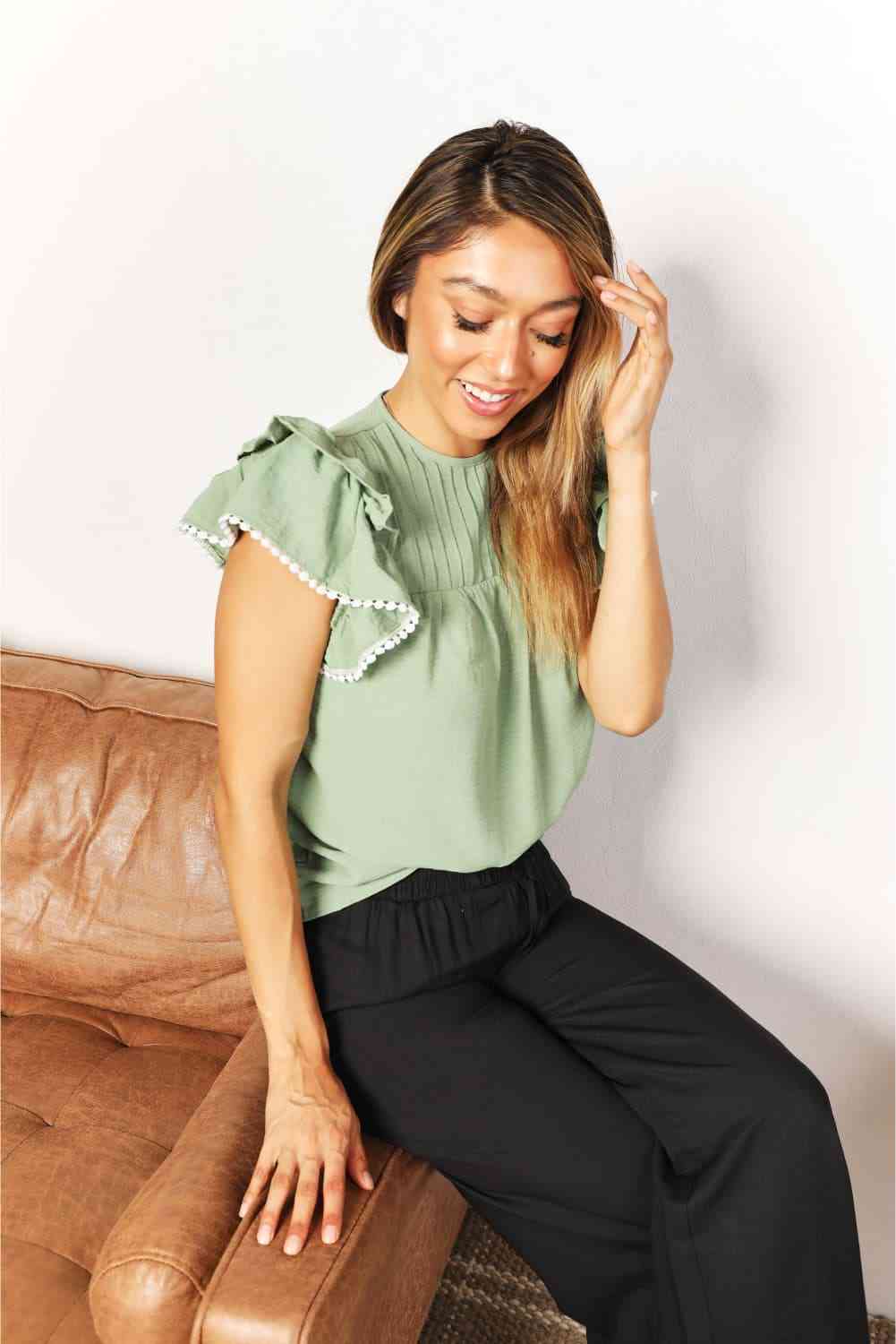 Double Take Pleated Detail Flutter Sleeve Blouse - Blouse - Gum Leaf - Bella Bourget