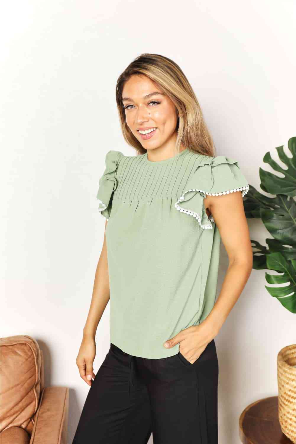 Double Take Pleated Detail Flutter Sleeve Blouse - Blouse - Gum Leaf - Bella Bourget