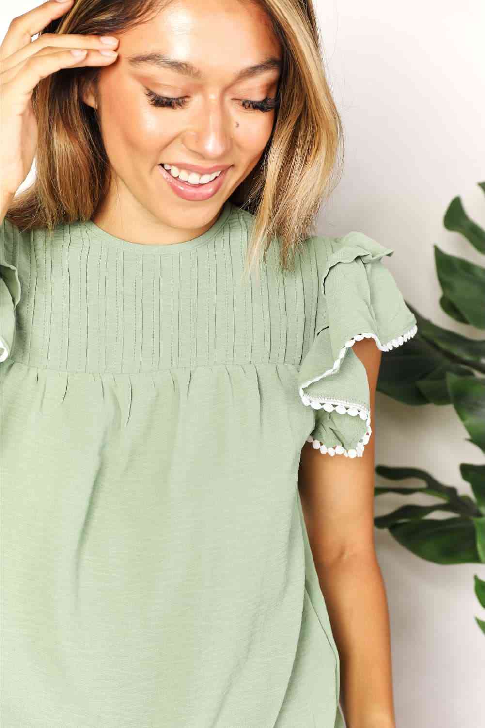 Double Take Pleated Detail Flutter Sleeve Blouse - Blouse - Gum Leaf - Bella Bourget