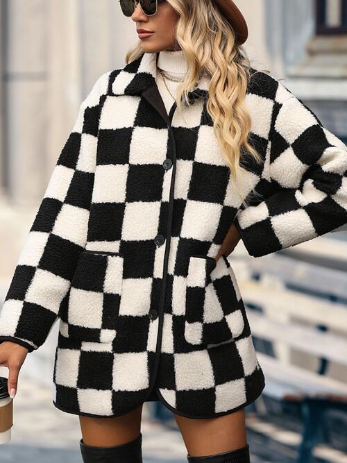 Full size black and white checkered button front coat with pockets - Jackets - Black - Bella Bourget