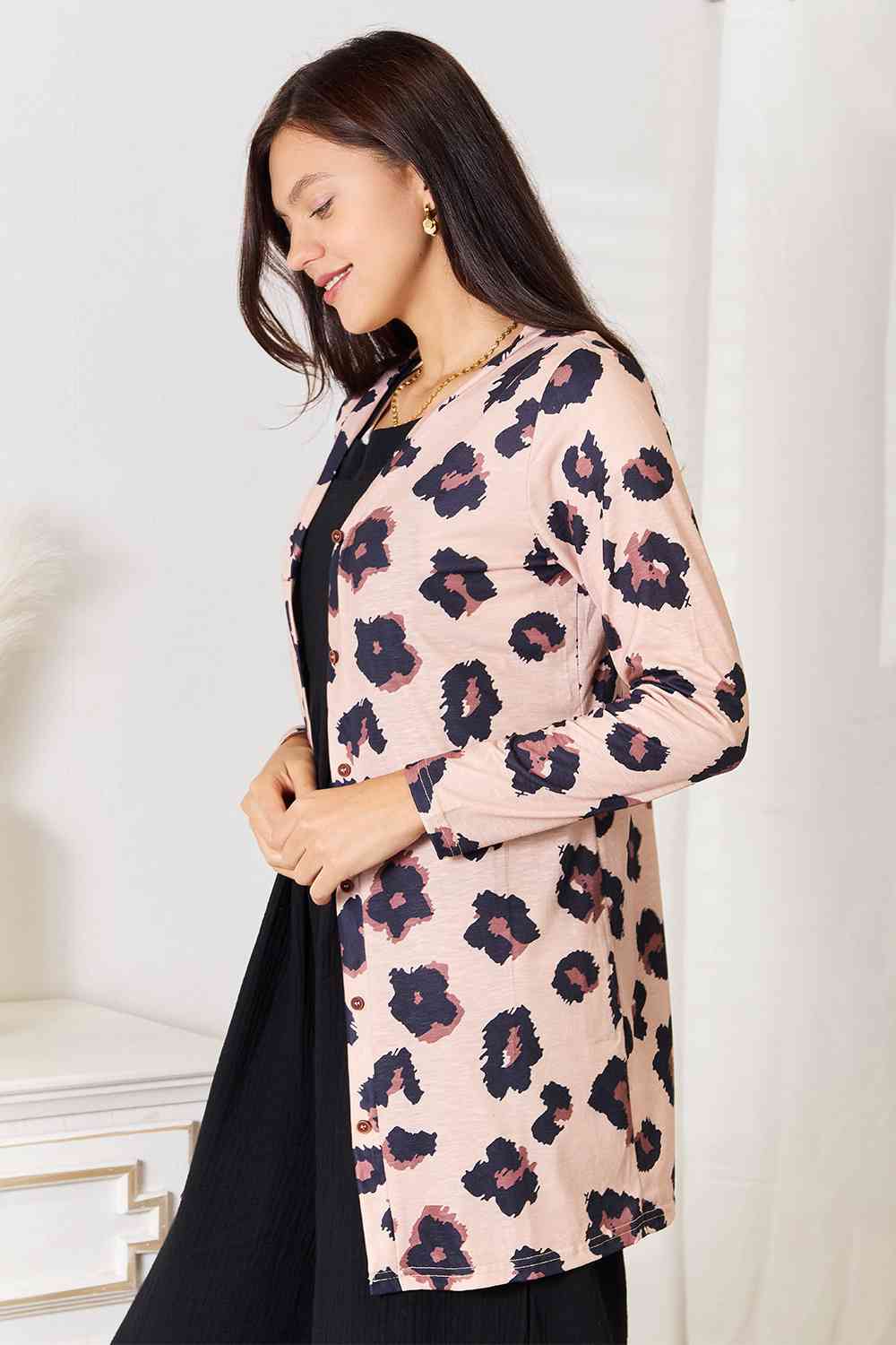 Double Take Printed Button Front Longline Cardigan - TikTok - Leopard - Bella Bourget