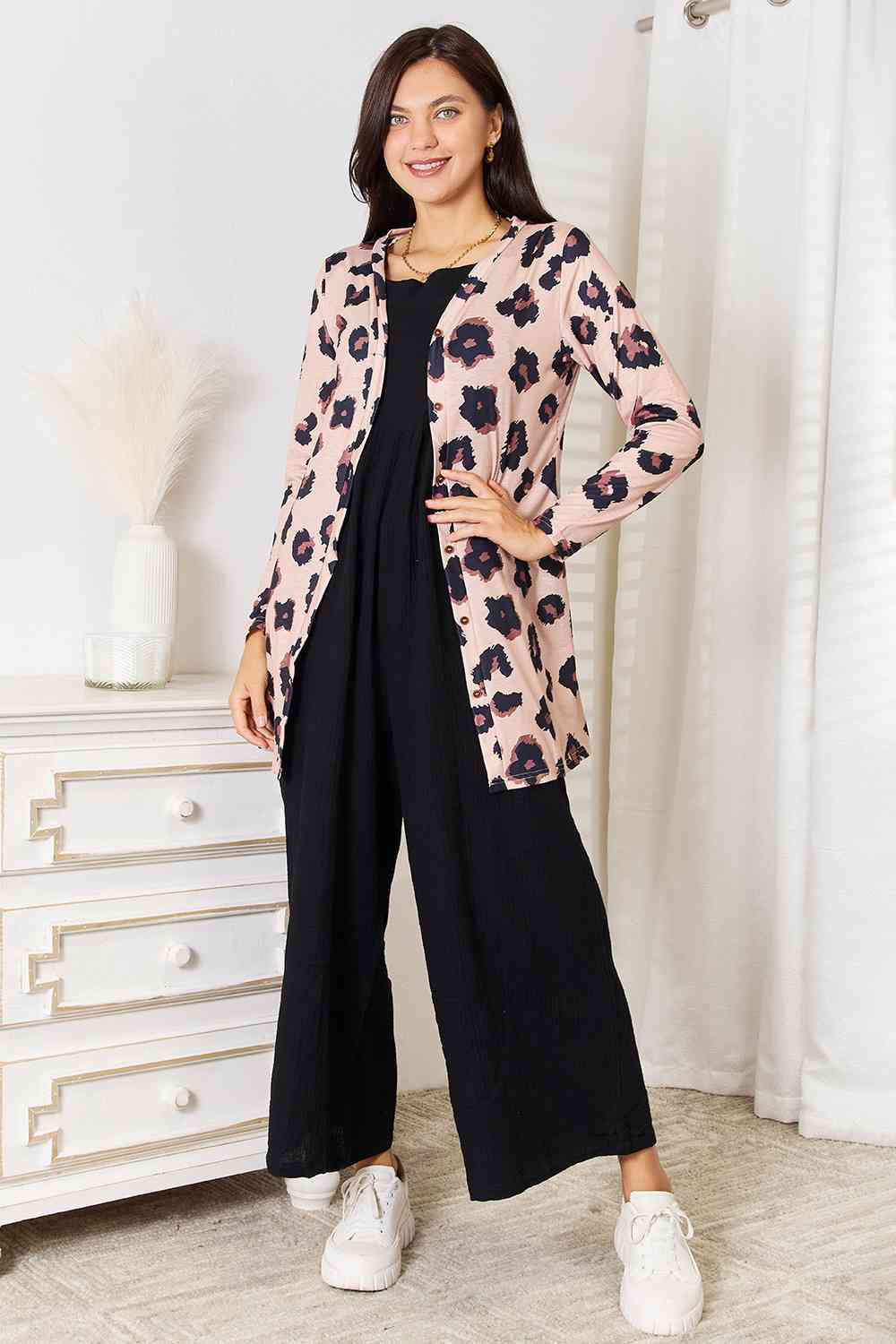 Double Take Printed Button Front Longline Cardigan - TikTok - Leopard - Bella Bourget