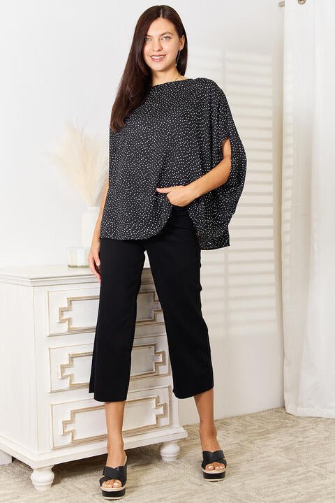 Double Take Printed Dolman Sleeve Round Neck Blouse - Blouse - Black - Bella Bourget