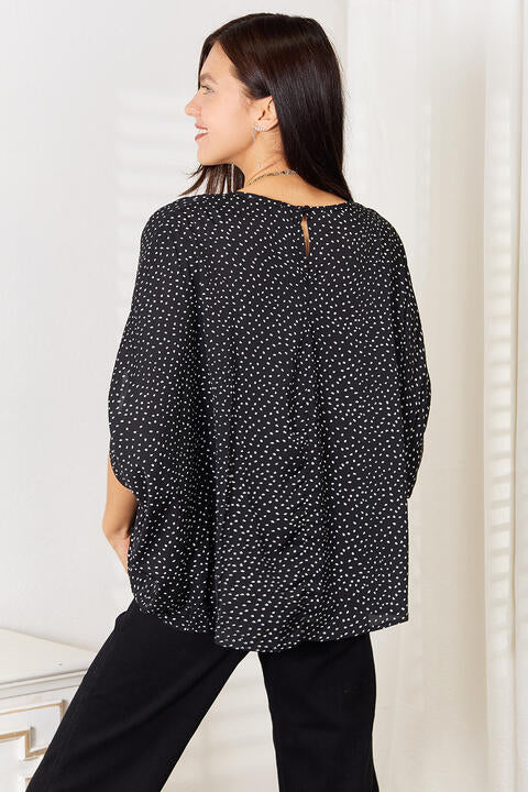 Double Take Printed Dolman Sleeve Round Neck Blouse - Blouse - Black - Bella Bourget