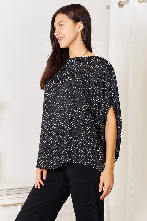 Double Take Printed Dolman Sleeve Round Neck Blouse - Blouse - Black - Bella Bourget