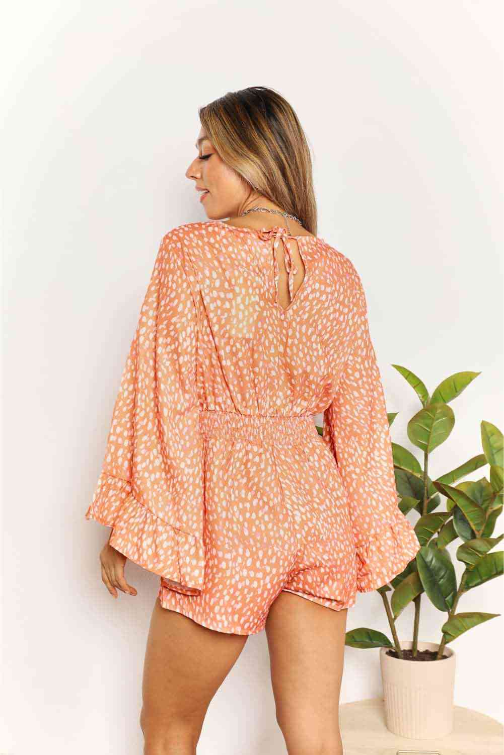 Double Take Printed Flare Sleeve Surplice Romper - TikTok - Sherbet - Bella Bourget