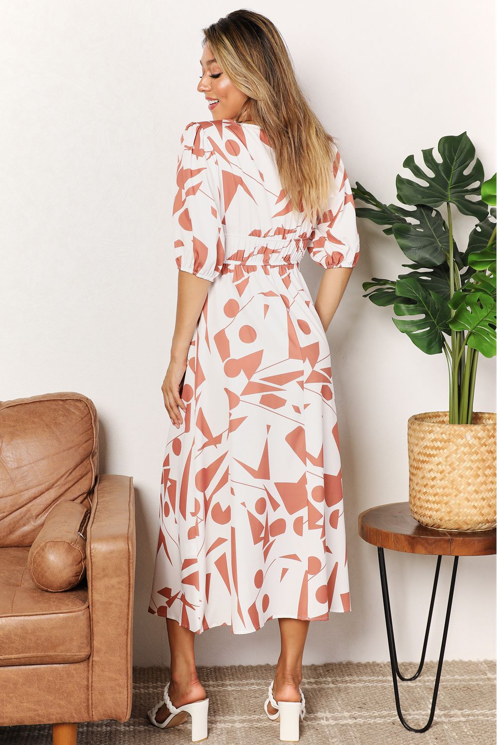 Double Take Printed Surplice Balloon Sleeve Dress - Dress - Camel - Bella Bourget