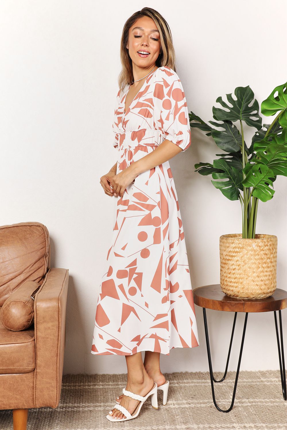 Double Take Printed Surplice Balloon Sleeve Dress - Dress - Camel - Bella Bourget