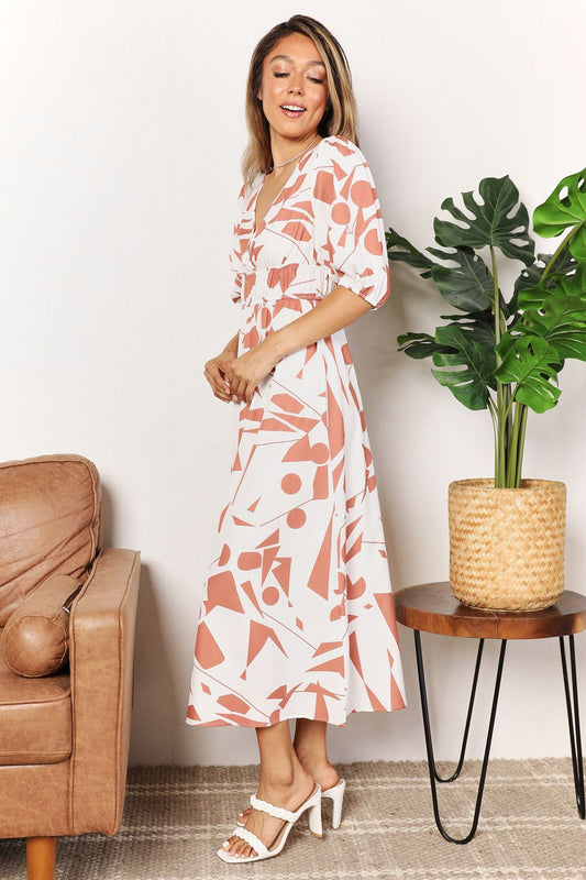 Double Take Printed Surplice Balloon Sleeve Dress - Dress - Camel - Bella Bourget