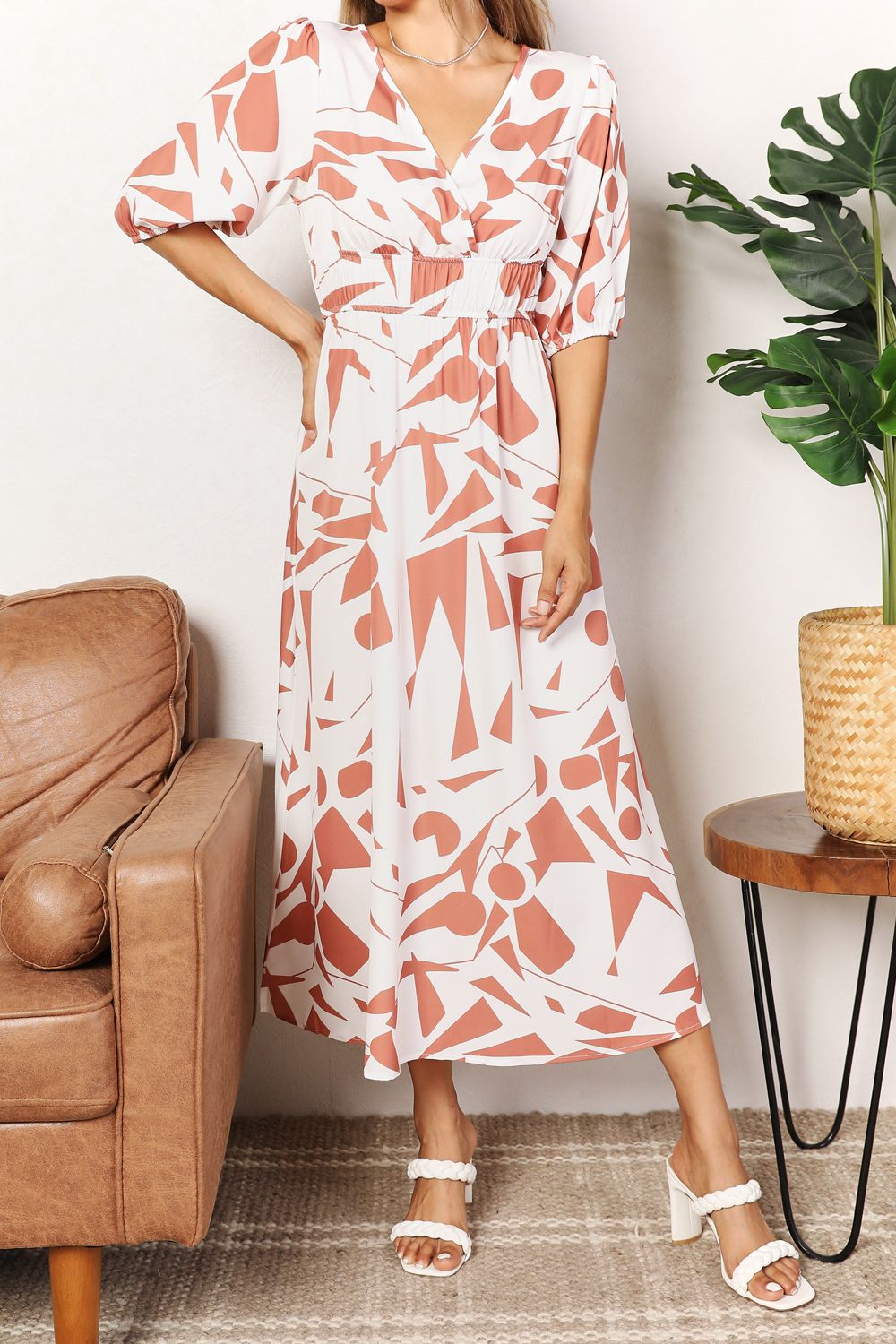 Double Take Printed Surplice Balloon Sleeve Dress - Dress - Camel - Bella Bourget