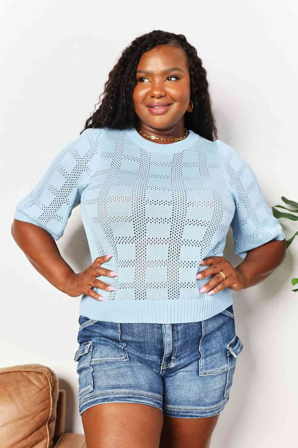 Double Take Ribbed Trim Round Neck Knit Top - TikTok - Pastel Blue - Bella Bourget