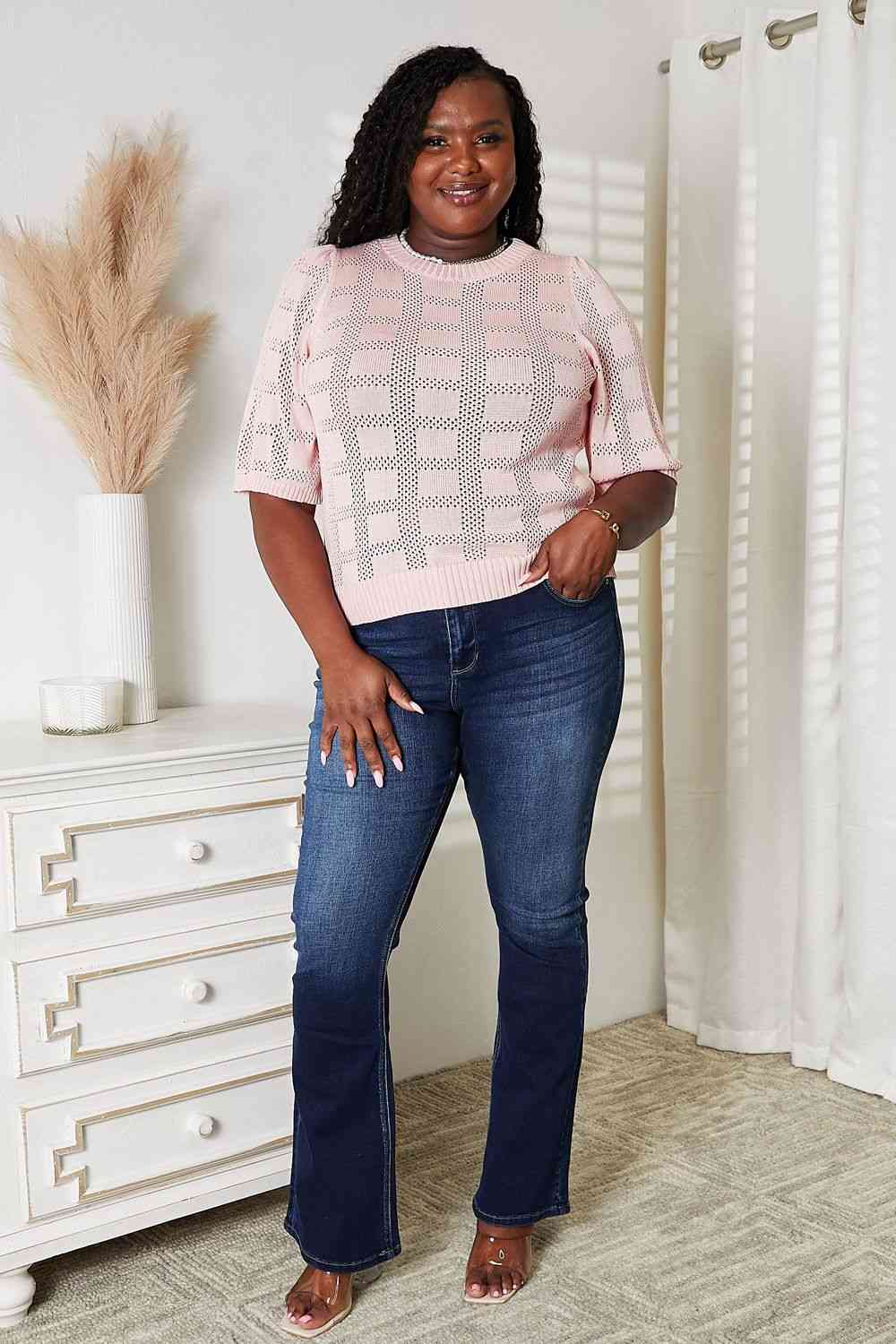 Double Take Ribbed Trim Round Neck Knit Top - TikTok - Dusty Pink - Bella Bourget