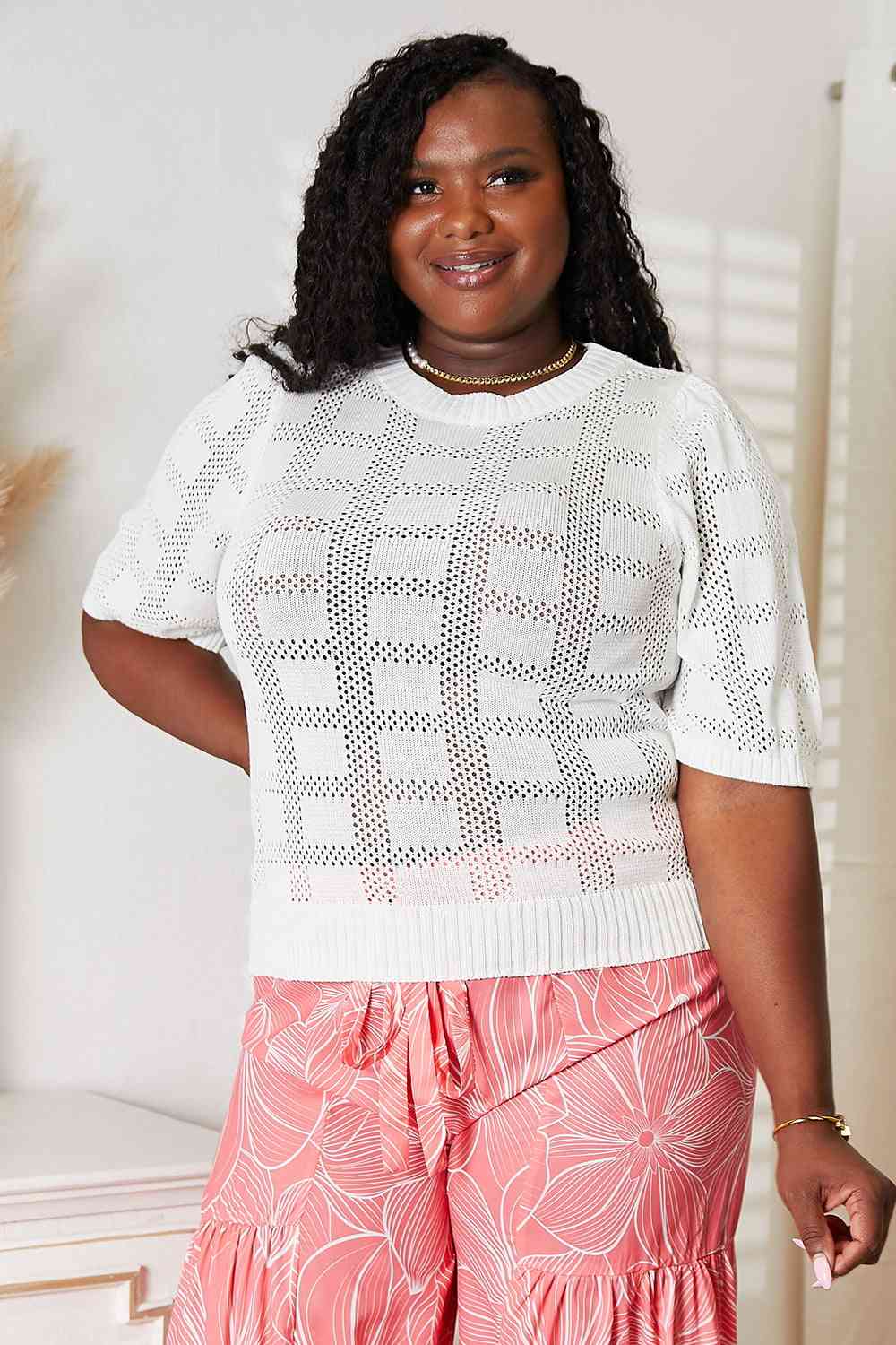 Double Take Ribbed Trim Round Neck Knit Top - TikTok - White - Bella Bourget