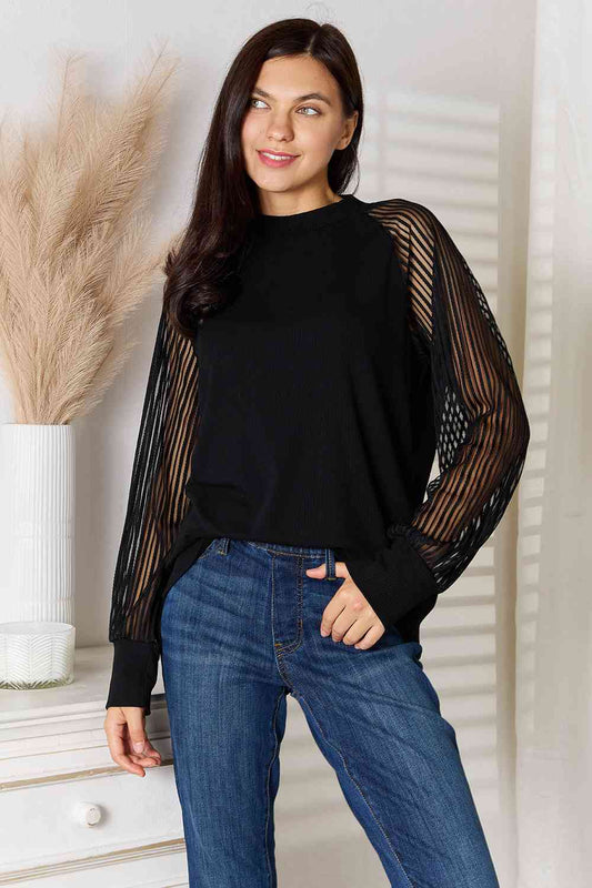 Double Take Round Neck Raglan Sleeve Blouse - Blouse - Black - Bella Bourget