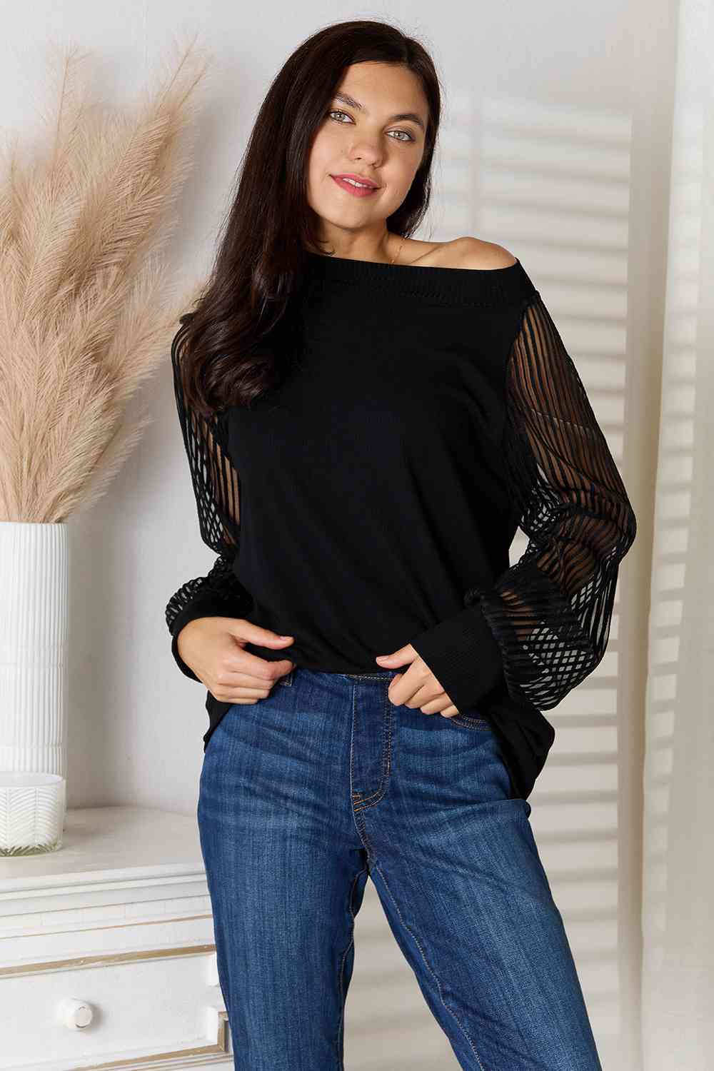 Double Take Round Neck Raglan Sleeve Blouse - Blouse - Black - Bella Bourget