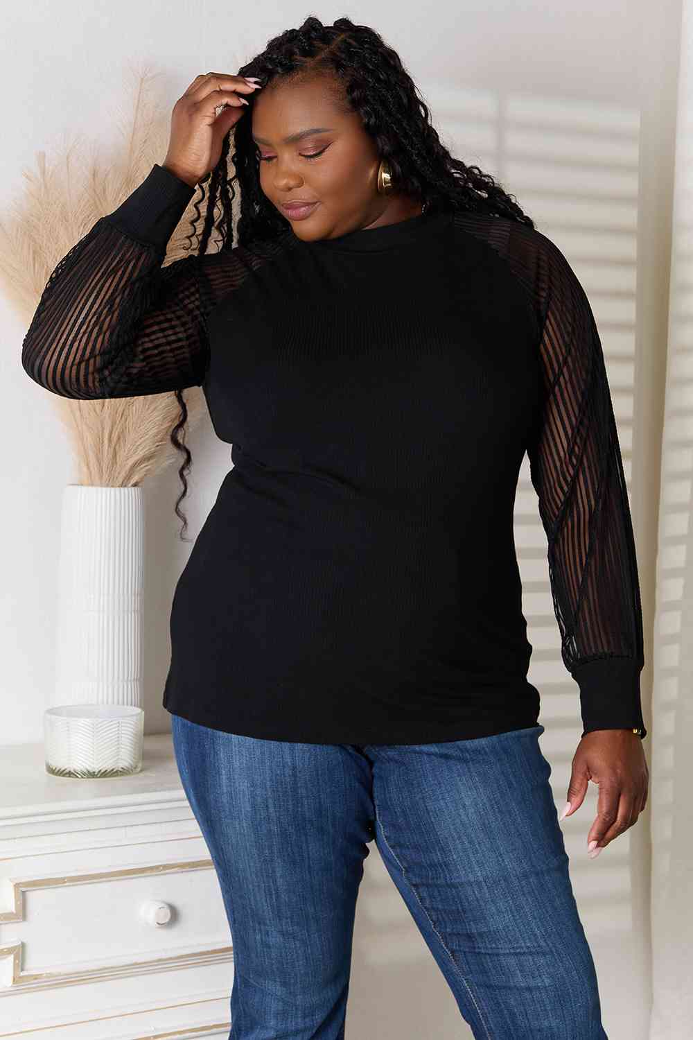 Double Take Round Neck Raglan Sleeve Blouse - Blouse - Black - Bella Bourget